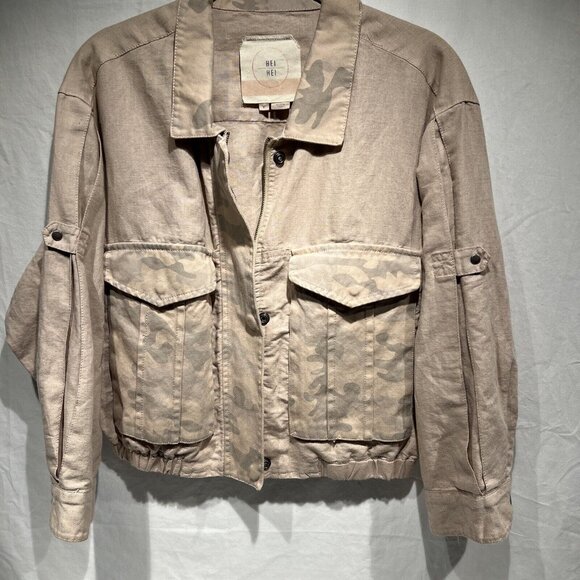 Anthropologie Hei Hei Ronan Cropped Camo Utility Jacket Small Tan Linen Cotton - Picture 1 of 7